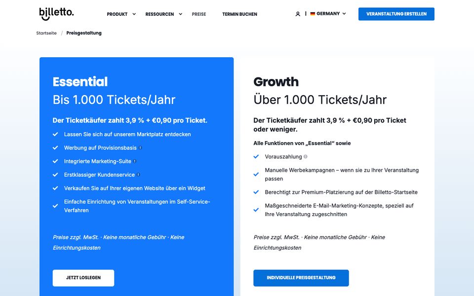 Billetto pricing page