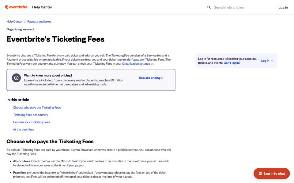 Eventbrite pricing page