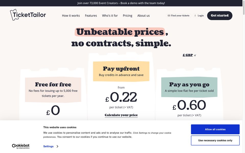 Ticket Tailor pricing page