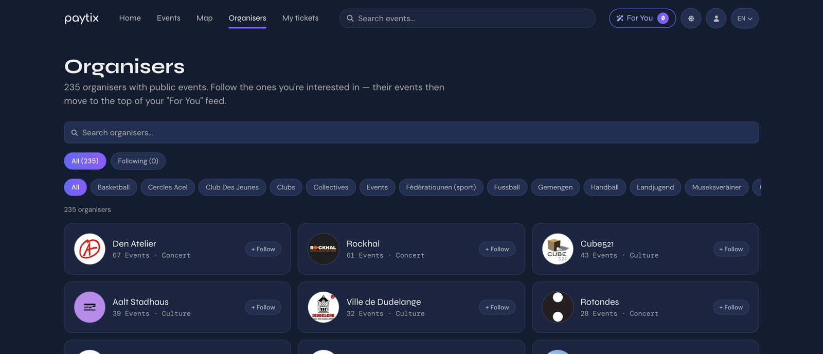 The organizer directory on the Paytix discovery platform