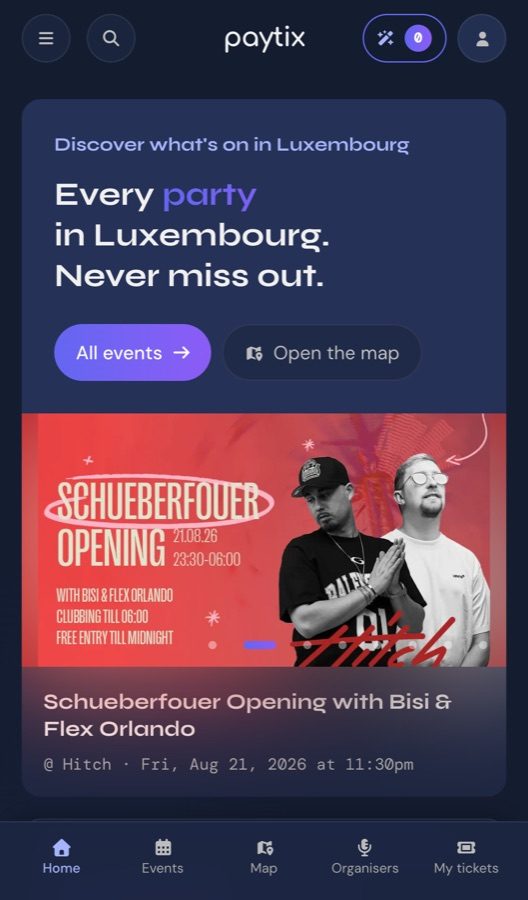 The Paytix discovery platform on a phone: today's events in Luxembourg