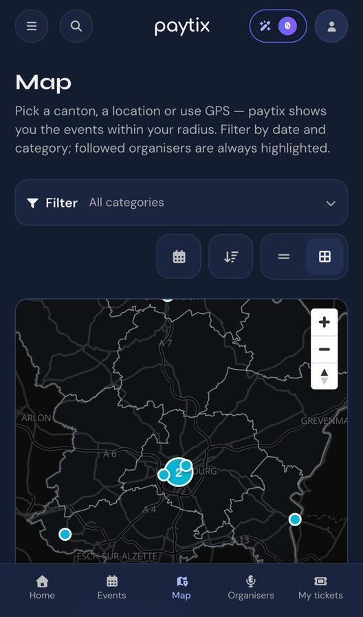 The Paytix discovery map on a phone: events across Luxembourg